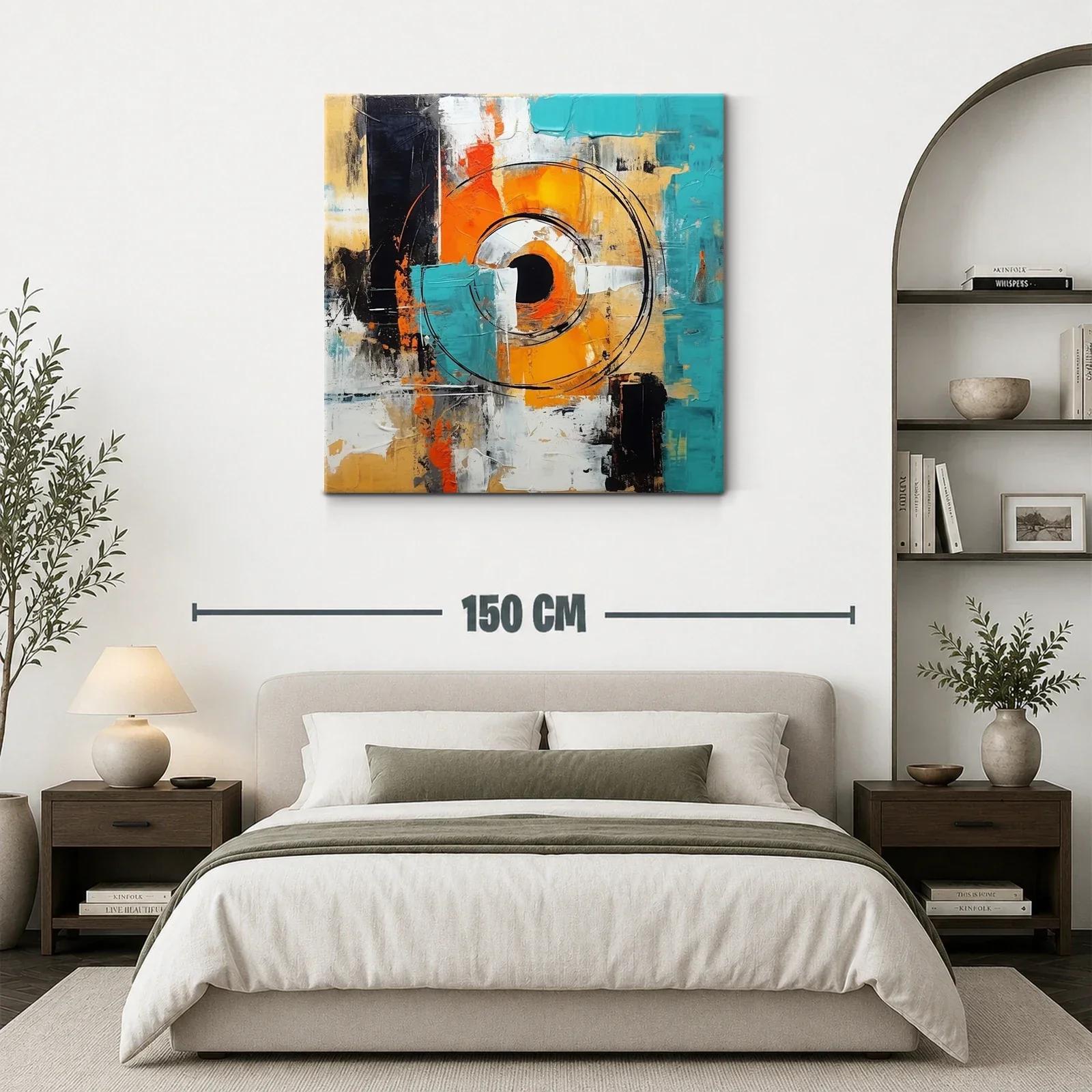 Cuadro abstracto con círculos y tonos vibrantes en azul y naranja — miniatura 3
