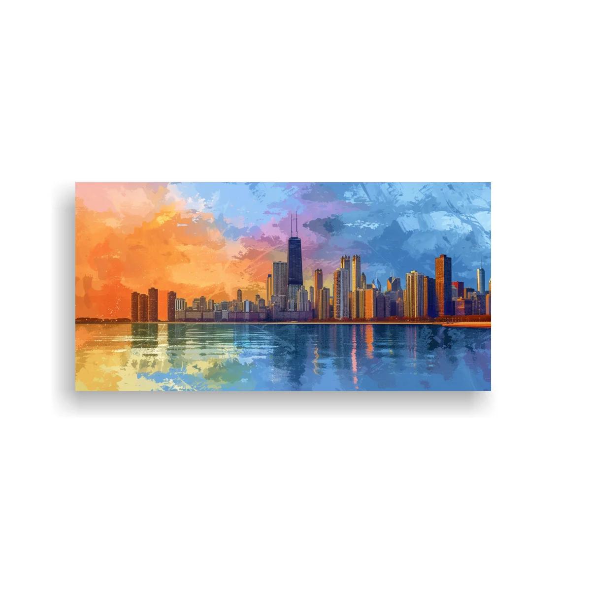 Cuadro skyline urbano con reflejo sobre el agua