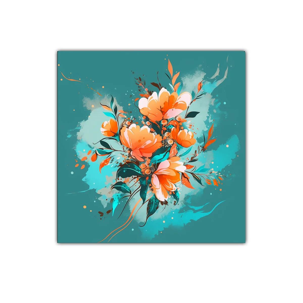Cuadro Floral con tonos cálidos y fondo turquesa vibrante