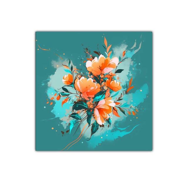Cuadro Floral con tonos cálidos y fondo turquesa vibrante