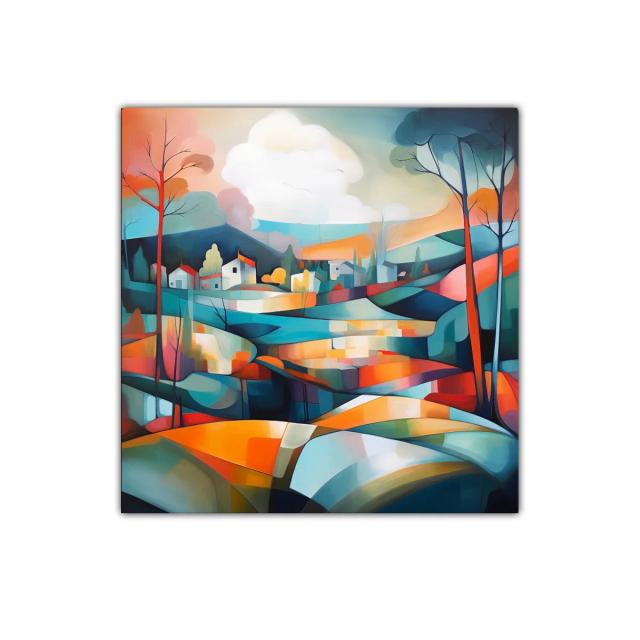 Paisaje colorido con casas y árboles abstractos