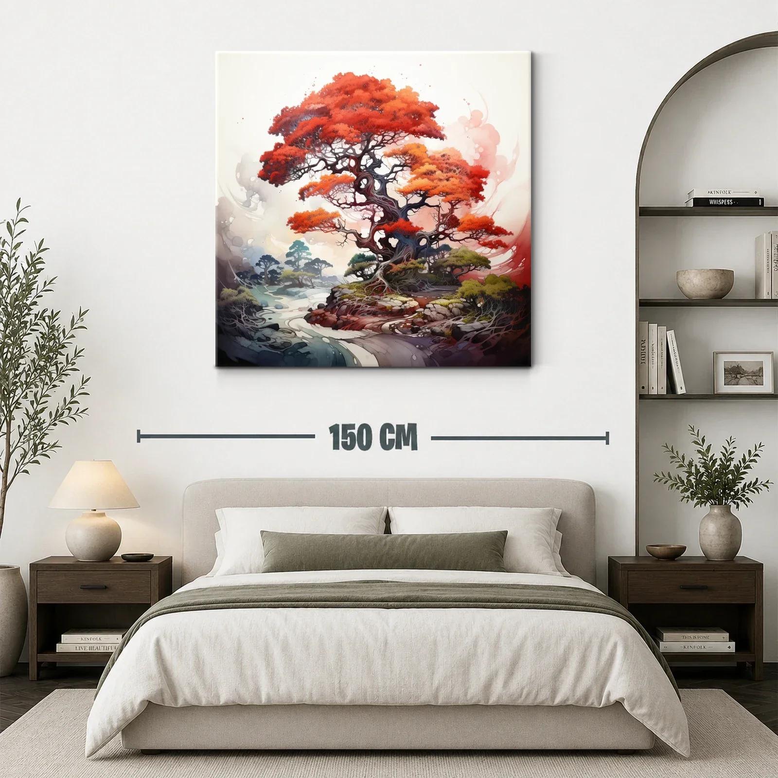 Árbol vibrante con follaje rojo intenso y paisaje onírico — miniatura 3