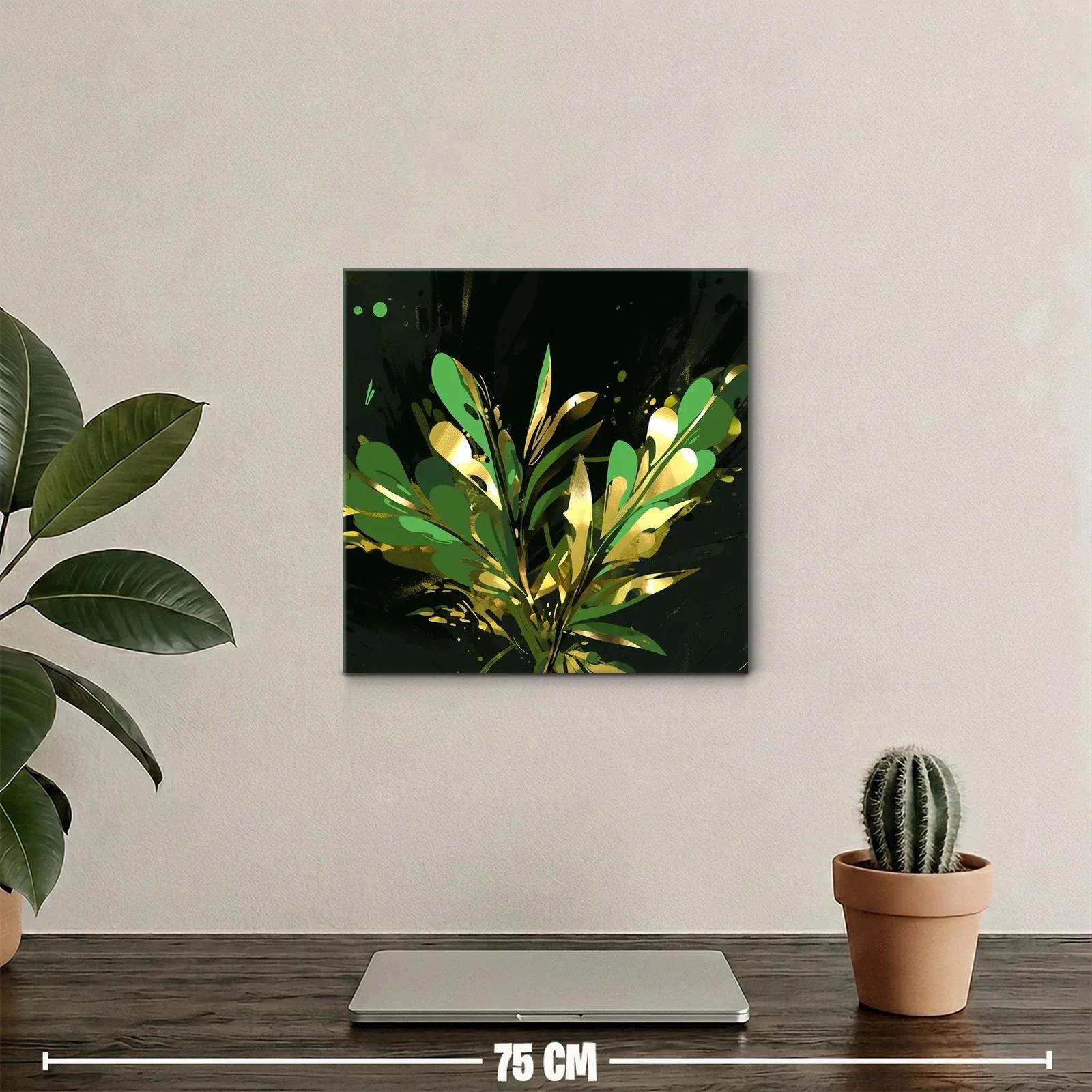 Cuadro abstracto con motivos vegetales dorados y verdes — miniatura 2