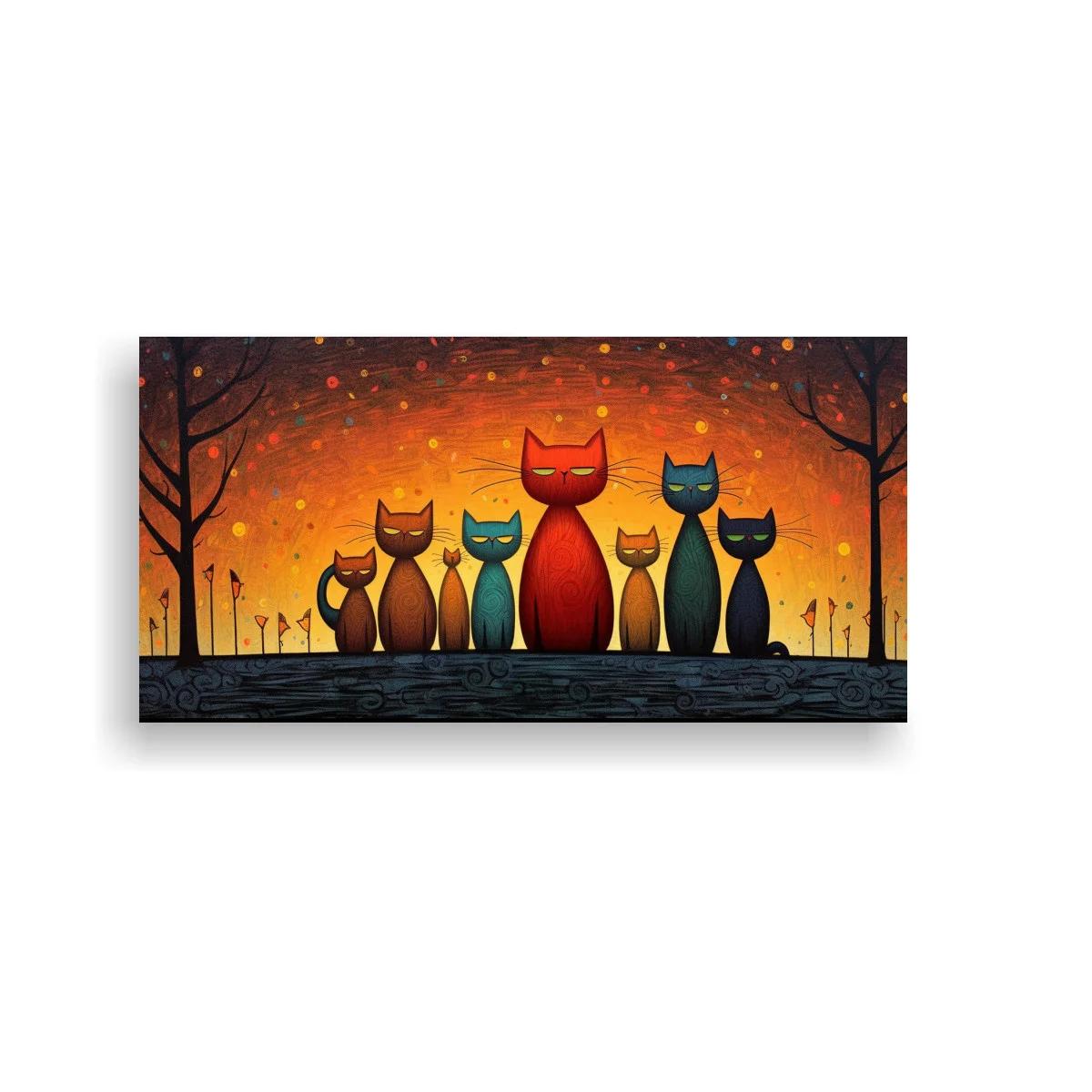 Cuadro gatos sentados enmarcados por árboles y un fondo luminoso — imagen principal
