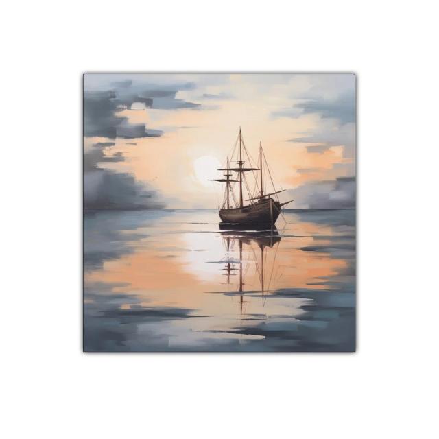 Barco antiguo en calma al atardecer reflejado en el agua