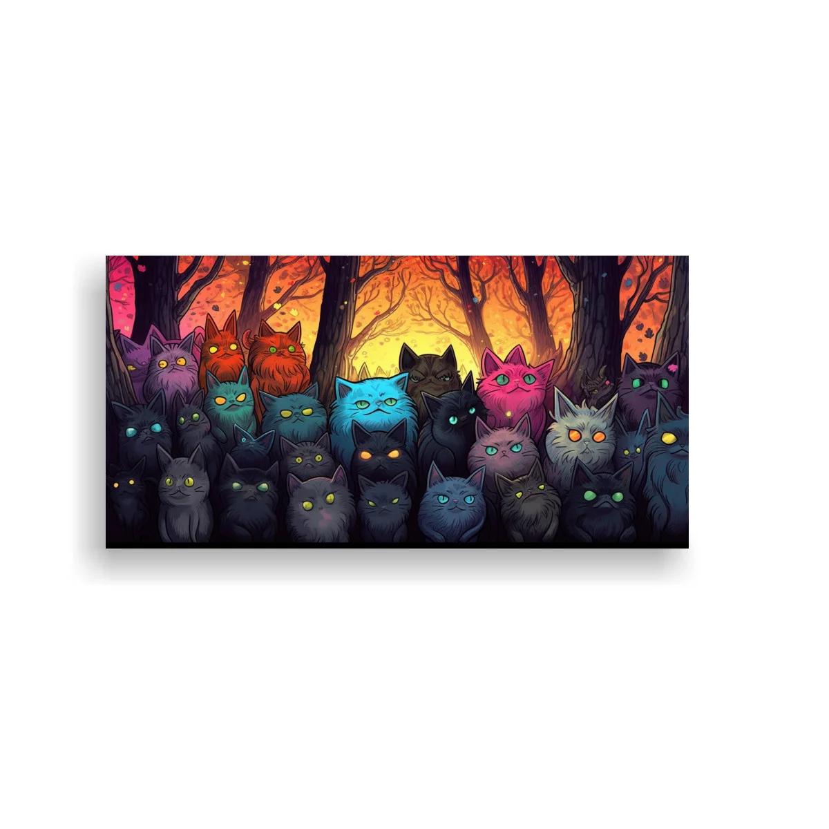 Cuadro grupo de gatos de colores con bosque iluminado