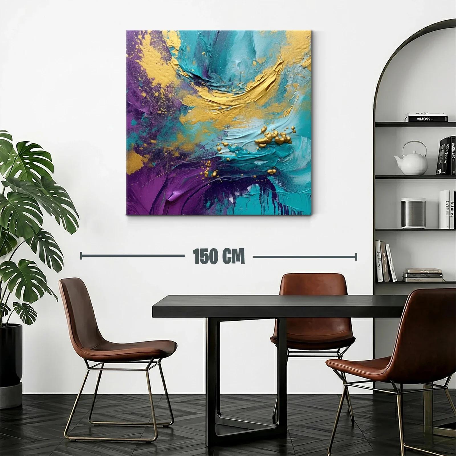 Cuadro abstracto vibrante en tonos turquesa y dorado — miniatura 2