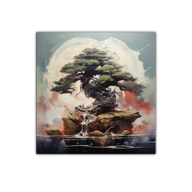 Árbol antiguo sobre rocas con fondo etéreo y luz suave