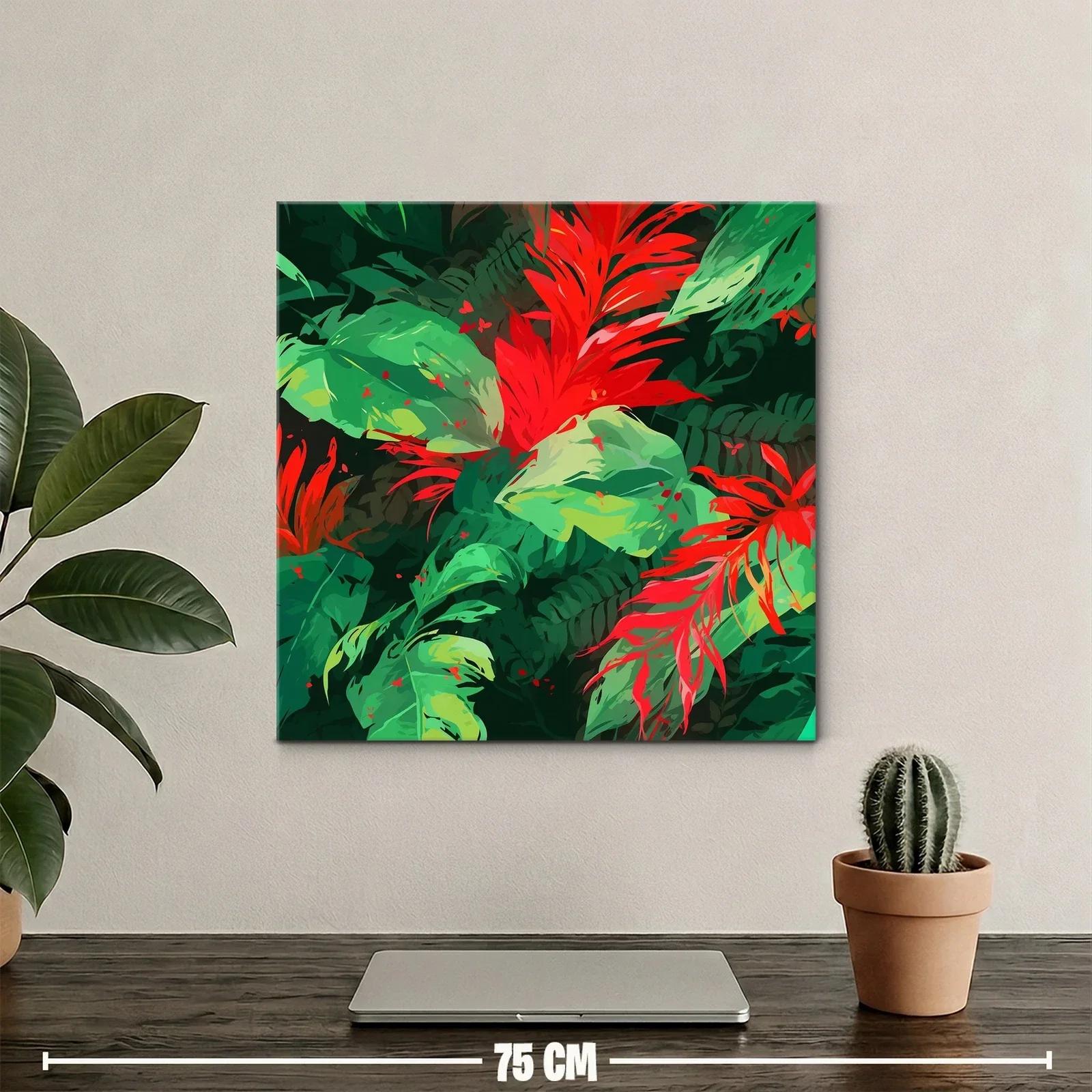 Vibrante cuadro con hojas y flores tropicales rojas y verdes — miniatura 2