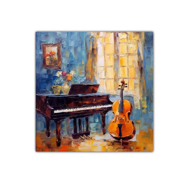 Ambiente musical con piano y violonchelo iluminado