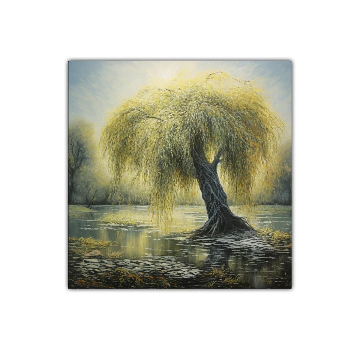 Impactante árbol de sauce dorado en lago sereno y evocador — miniatura 1