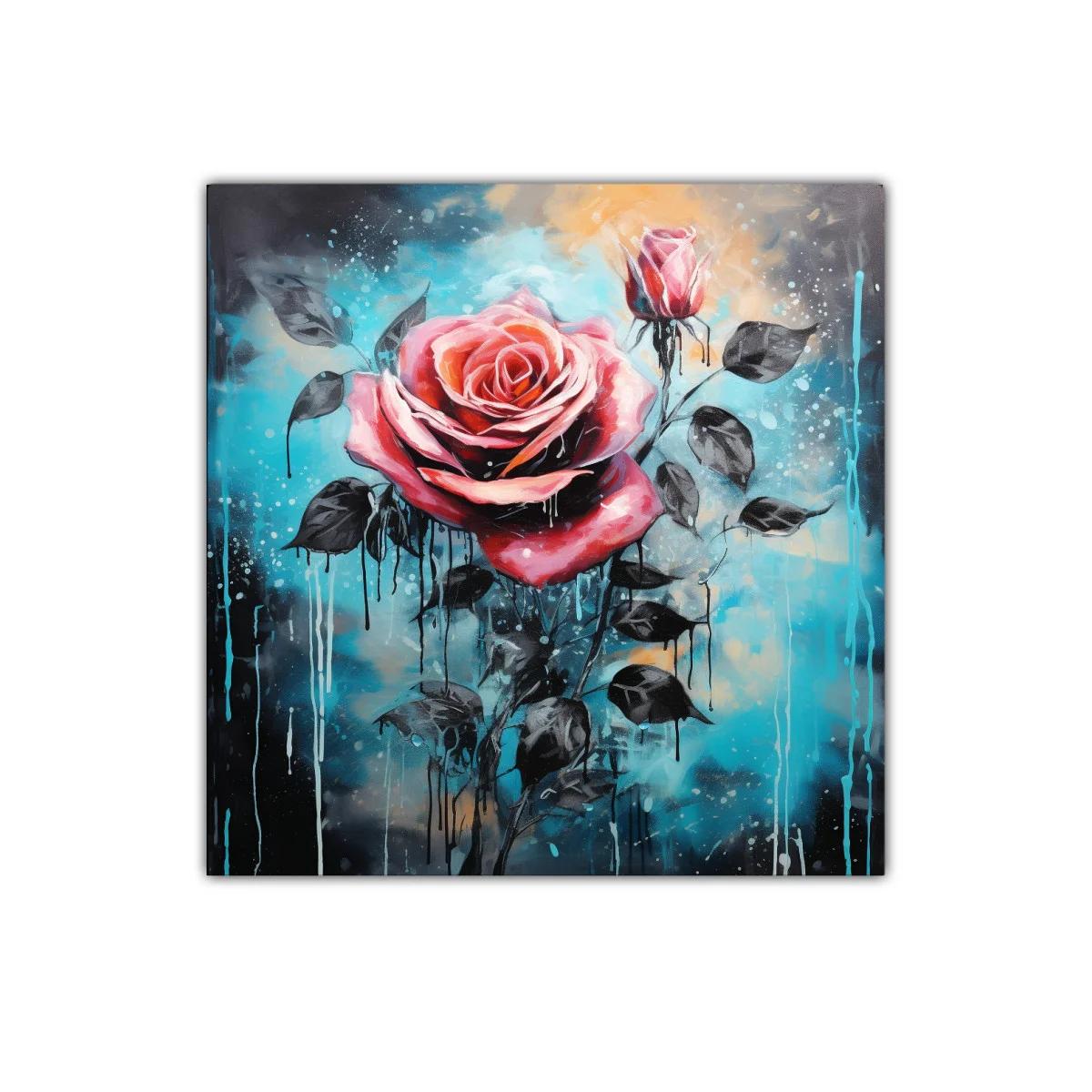 Rosa vibrante con fondo azul y detalles en negro