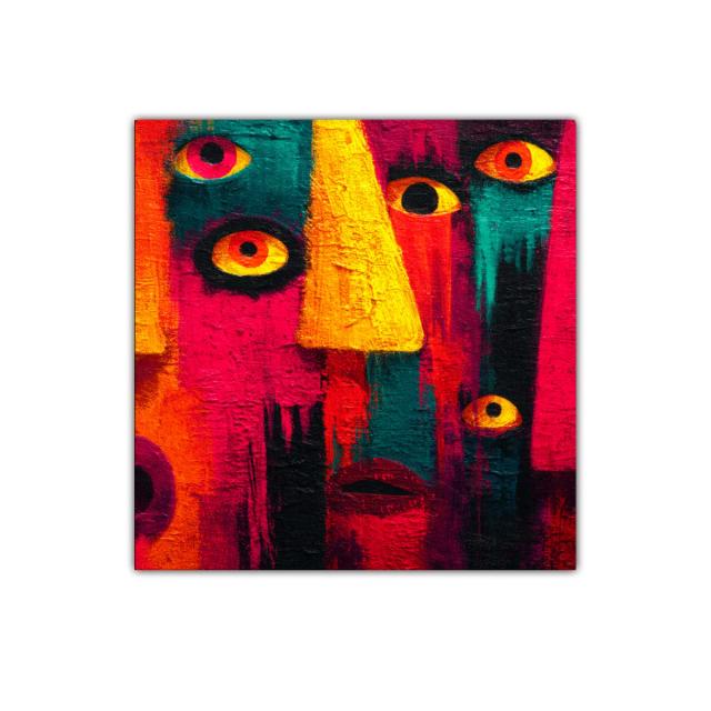 Cuadro abstracto con rostros y ojos vibrantes en colores intensos