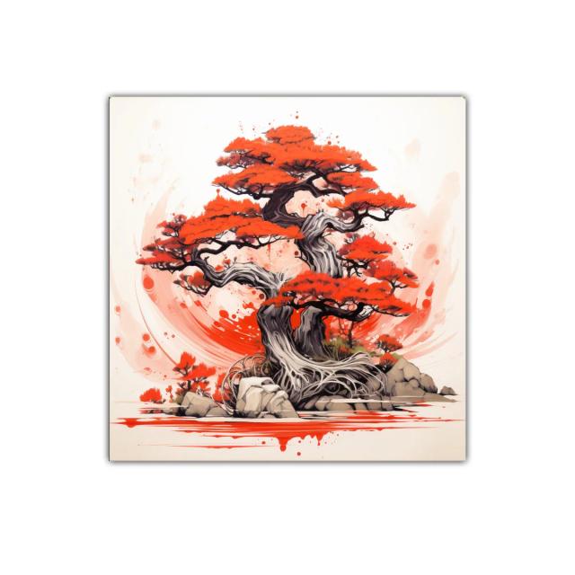 Árbol de bonsái con vibrantes tonos rojo y gris