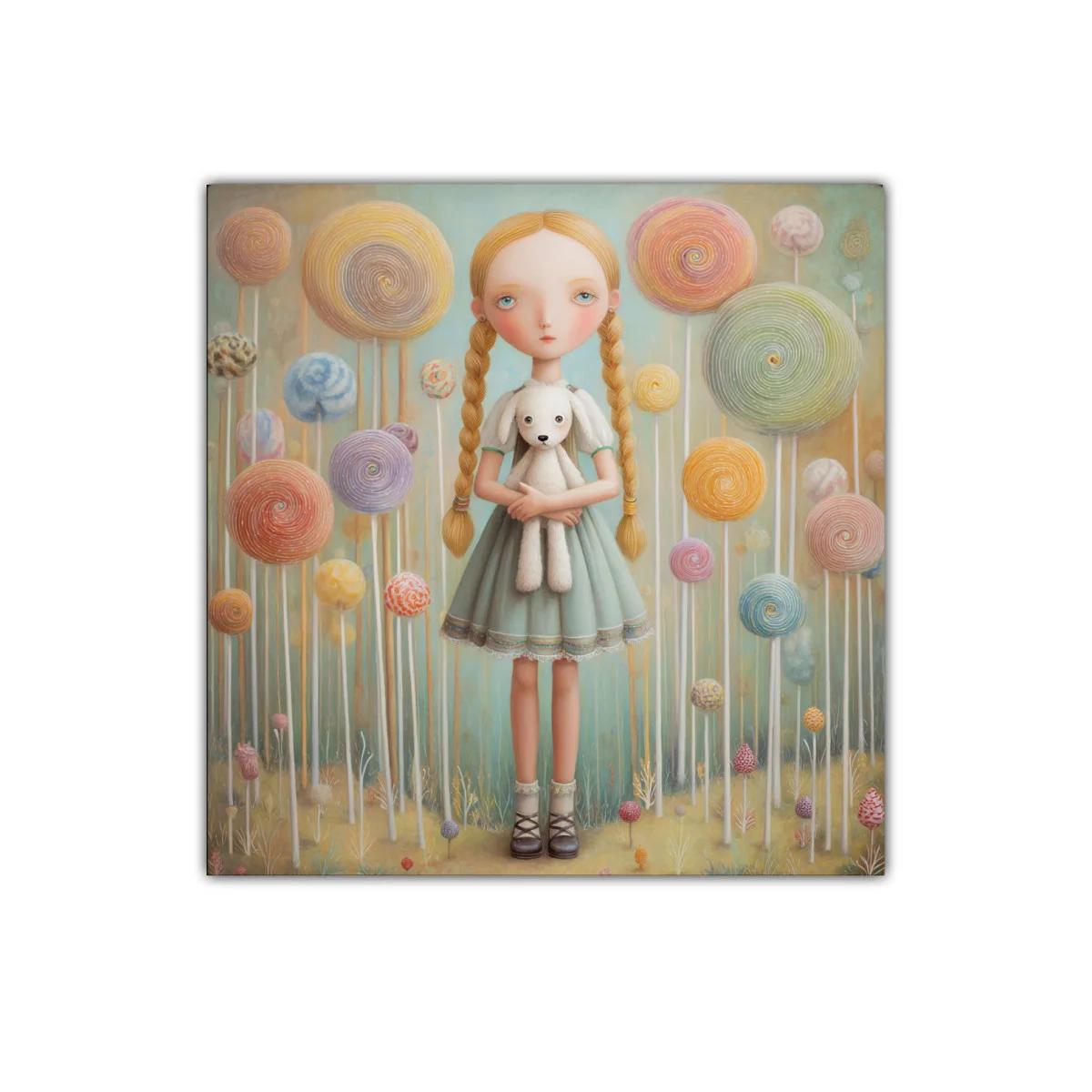 Niña de trenzas entre dulces gigantes y suaves tonos pastel