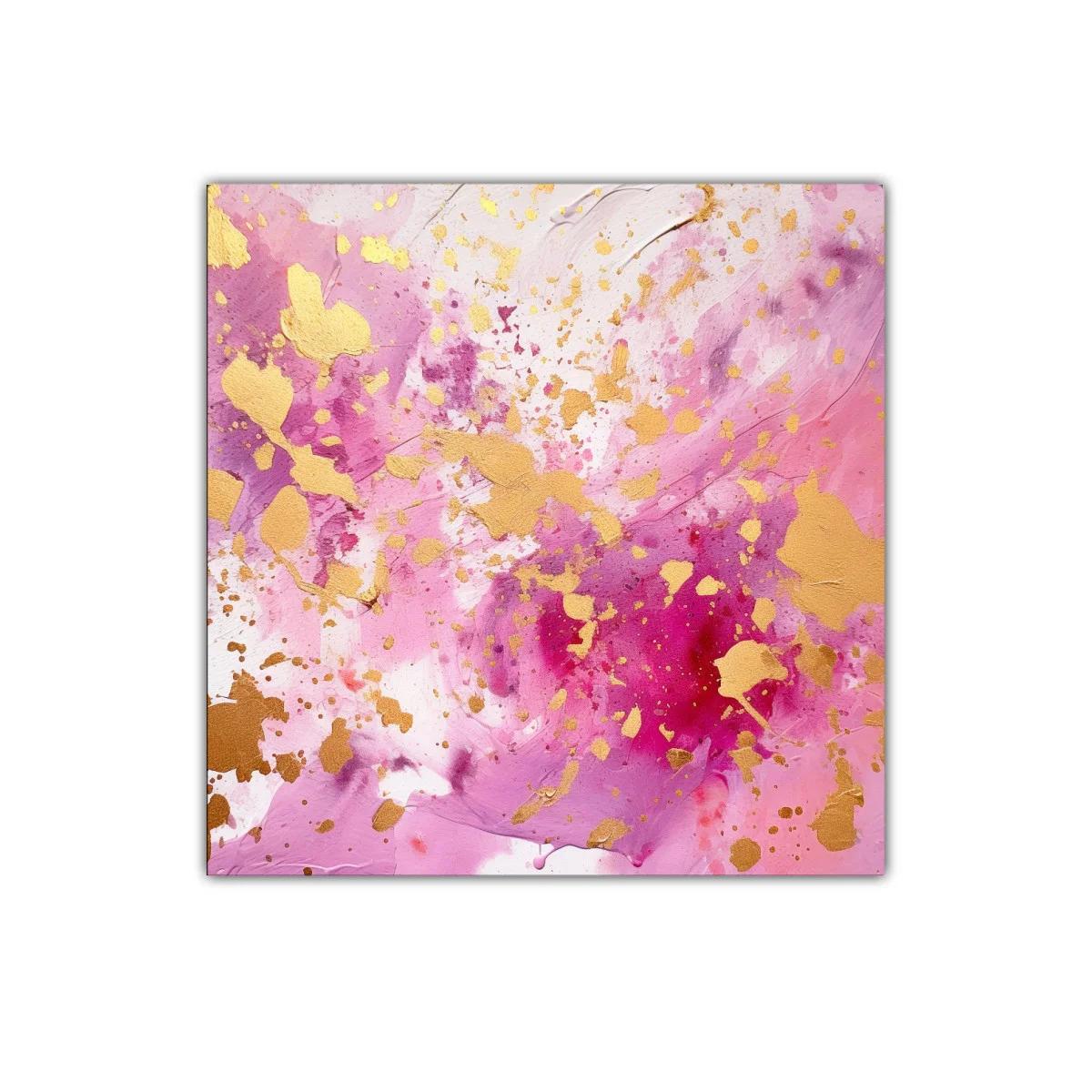Cuadro abstracto con explosión de dorado y tonos rosas