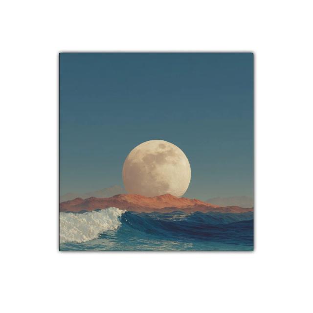 Cuadro con luna gigante sobre horizonte marino al atardecer