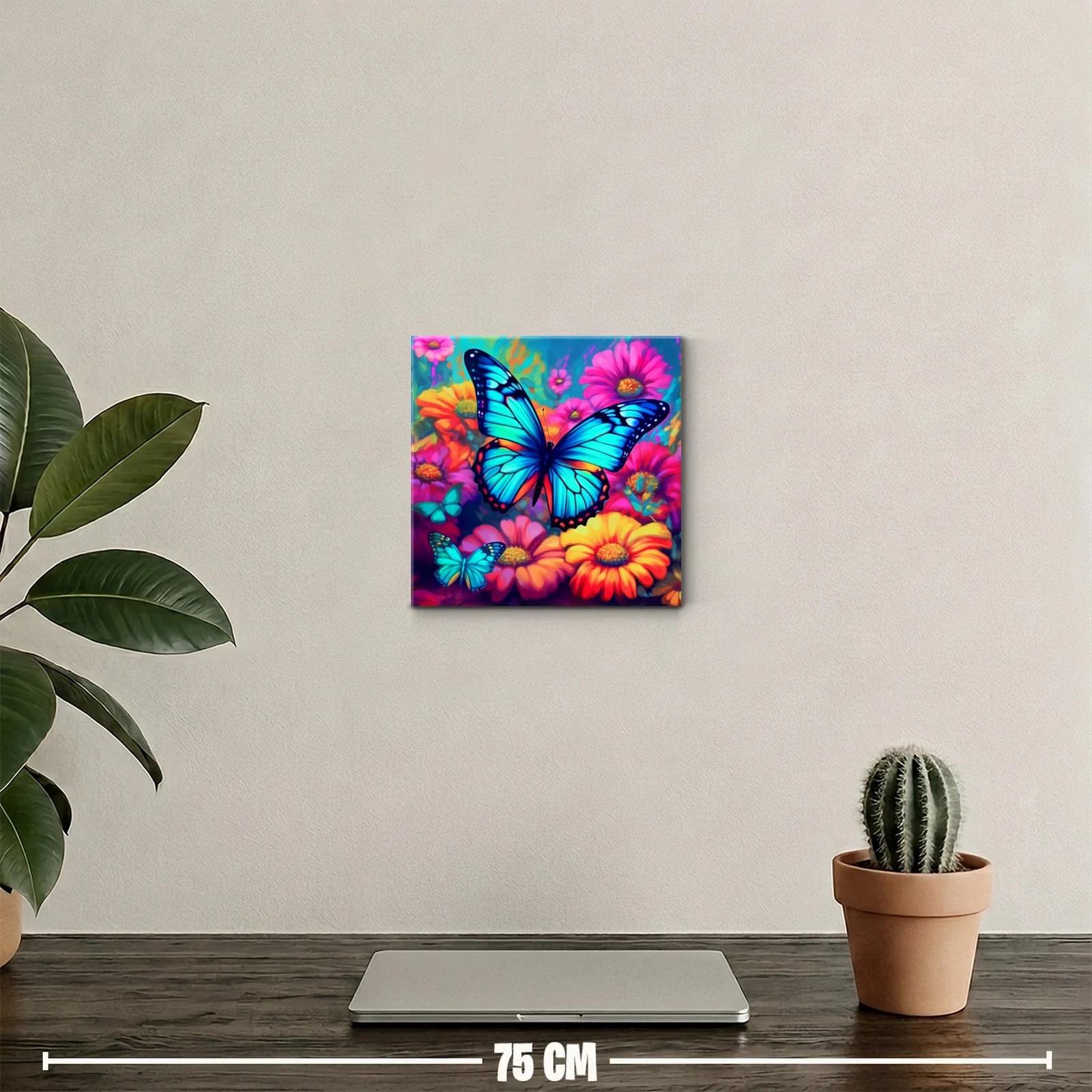 Mariposas azules vibrantes entre flores coloridas y radiantes — miniatura 2