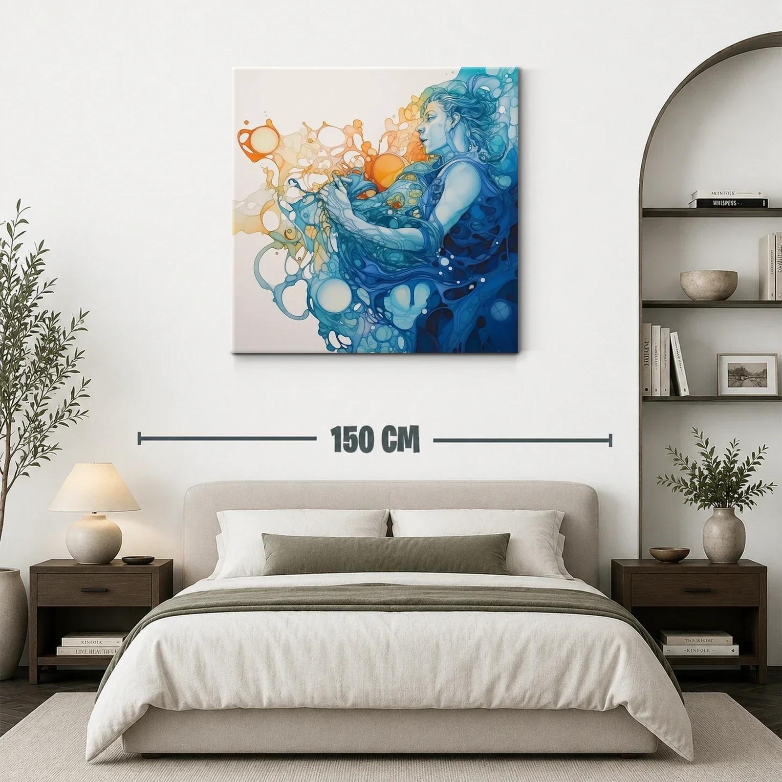 Figura femenina entre ondas fluidas en tonos azules y naranjas — miniatura 3