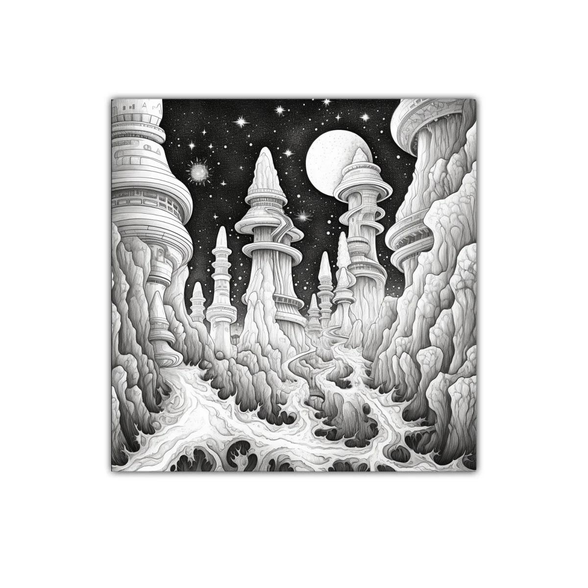 Paisaje futurista de torres imponentes y cielo estrellado