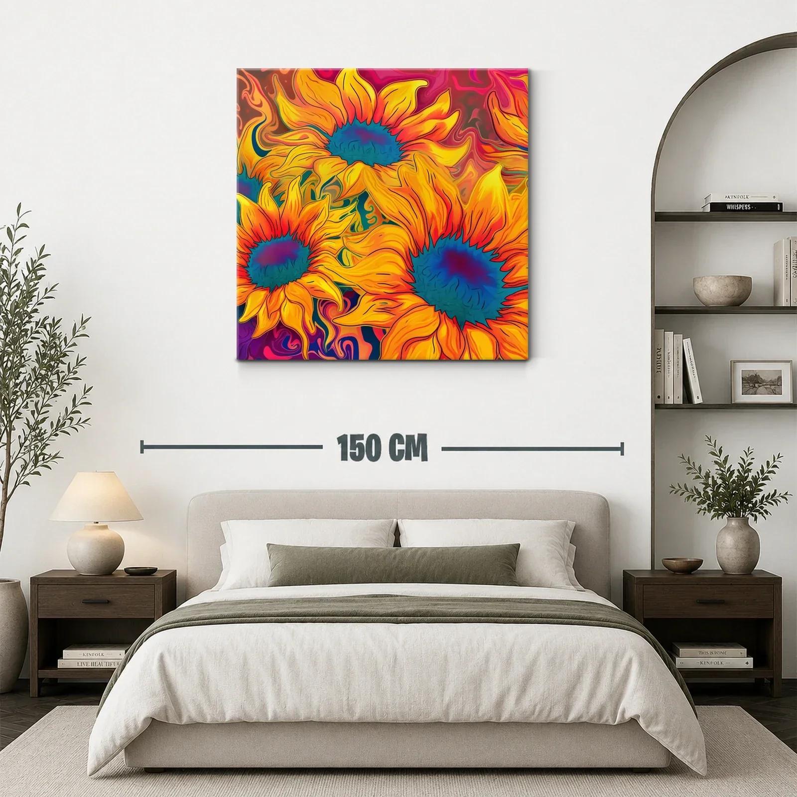 Cuadro vibrante con girasoles en tonos cálidos y contrastes azules — miniatura 3