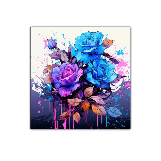 Ramo vibrante de rosas azules y violetas con hojas otoñales