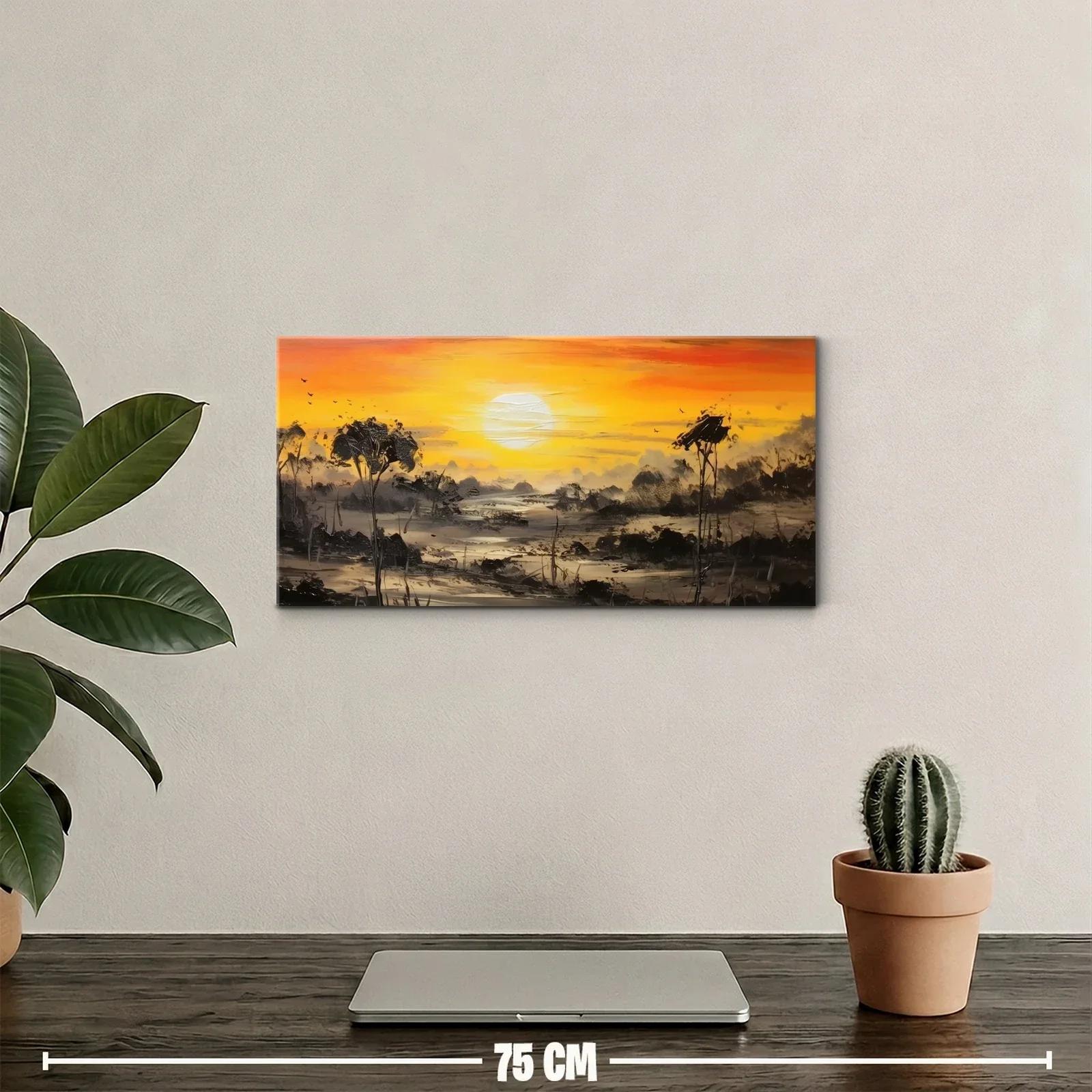 Cuadro paisaje de sabana al atardecer con sol redondo — miniatura 2