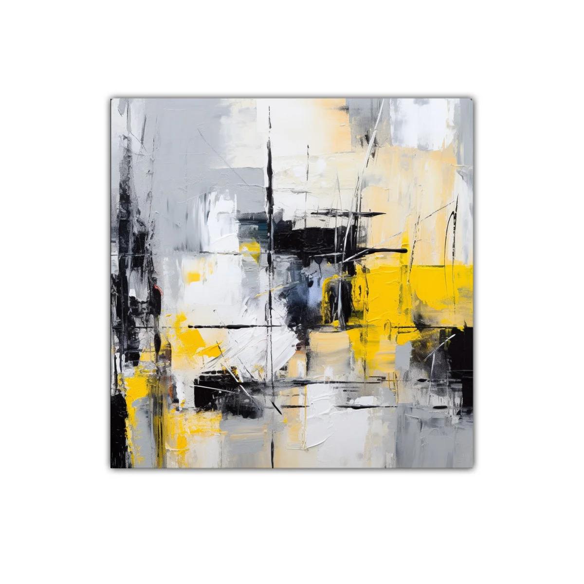 Cuadro abstracto con tonos grises, negros y amarillo vibrante — miniatura 1