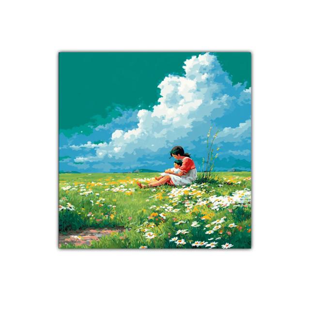 Tranquilidad en un campo de flores con madre e hijo