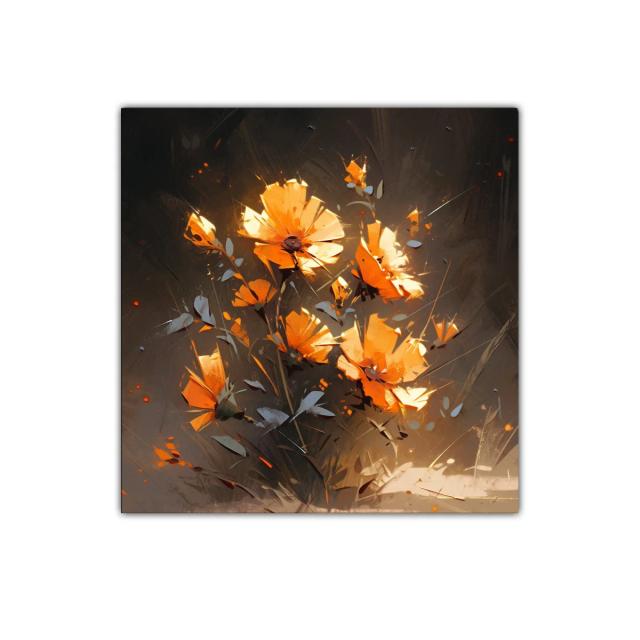 Cuadro floral con tonos naranjas vibrantes y fondo oscuro