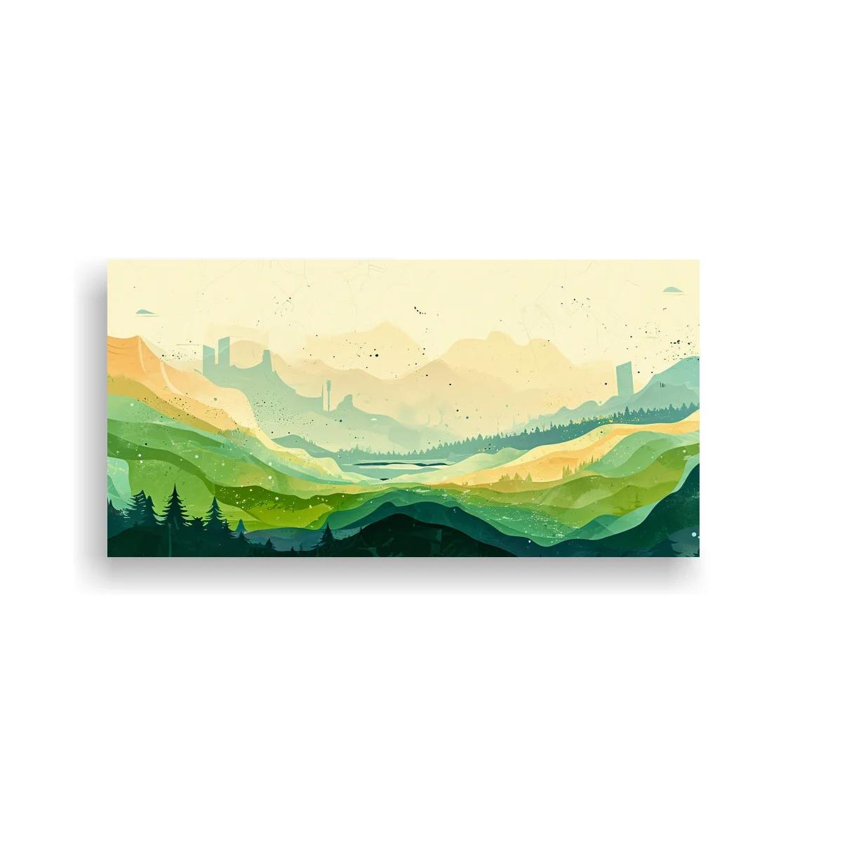 Cuadro paisaje de montañas con valle brumoso y pinos — imagen principal