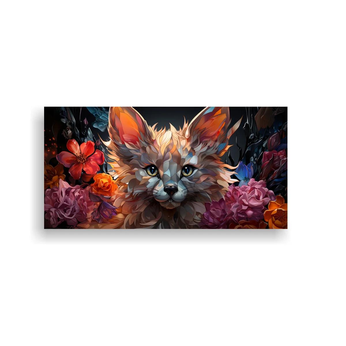 Cuadro gato de pelo largo rodeado de flores rosadas