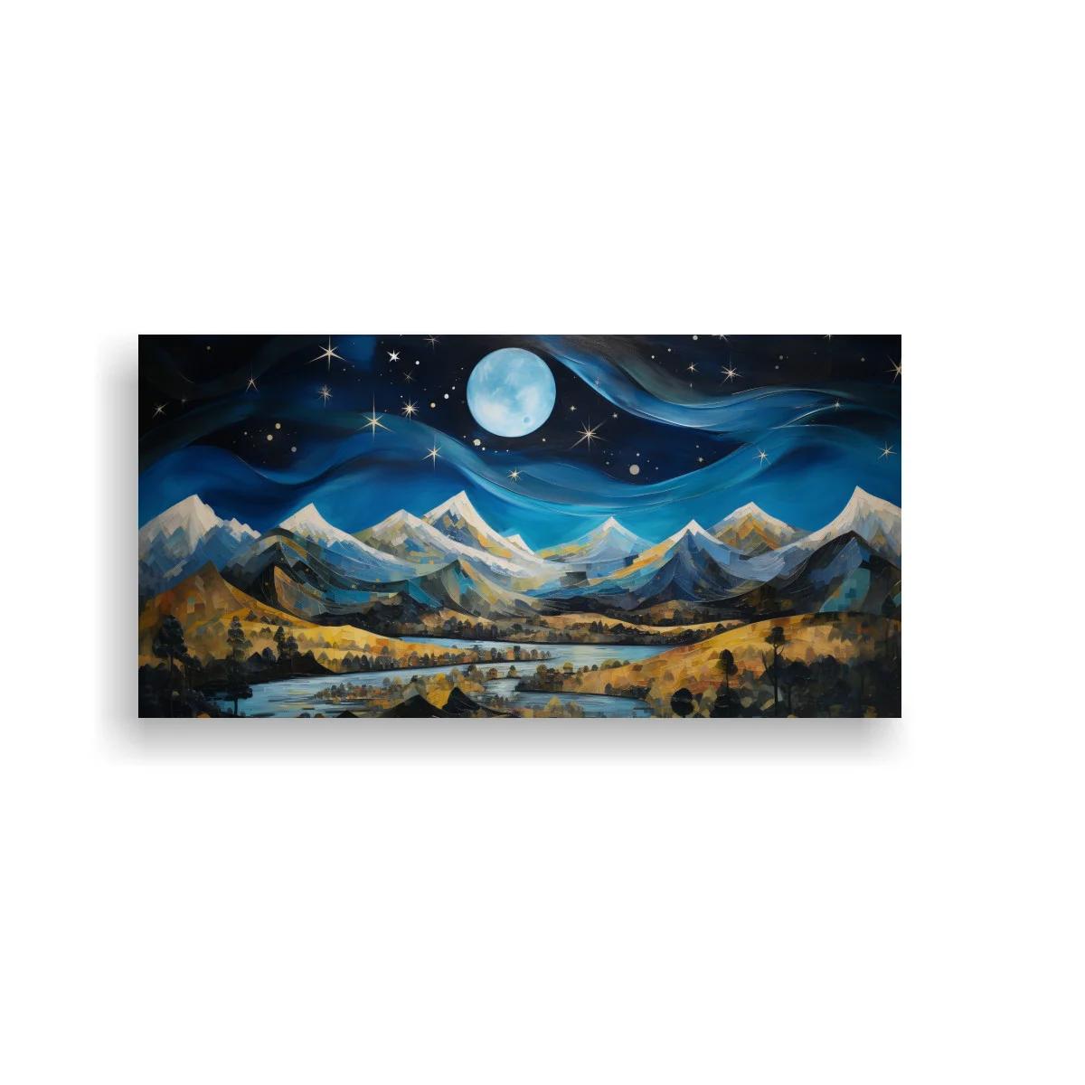 Cuadro paisaje de montañas nevadas con luna llena y agua reflectante
