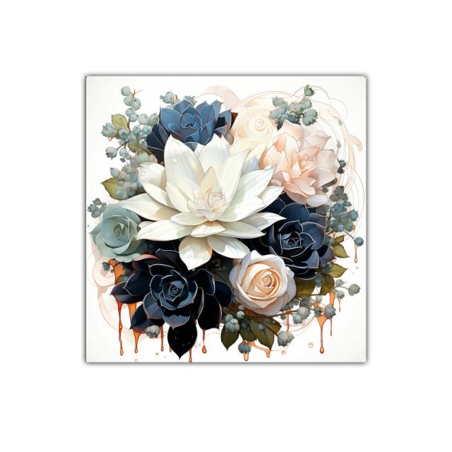 Elegante ramo de flores en tonos neutros y azules