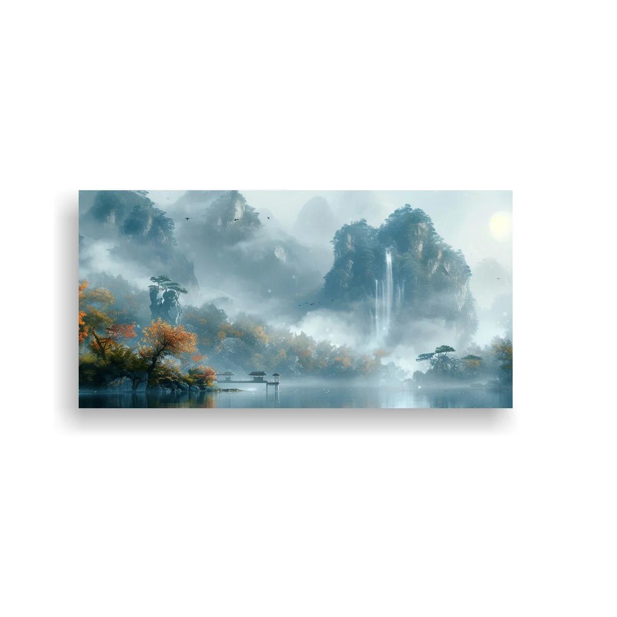 Cuadro paisaje de lago con montañas y cascada vertical — imagen principal
