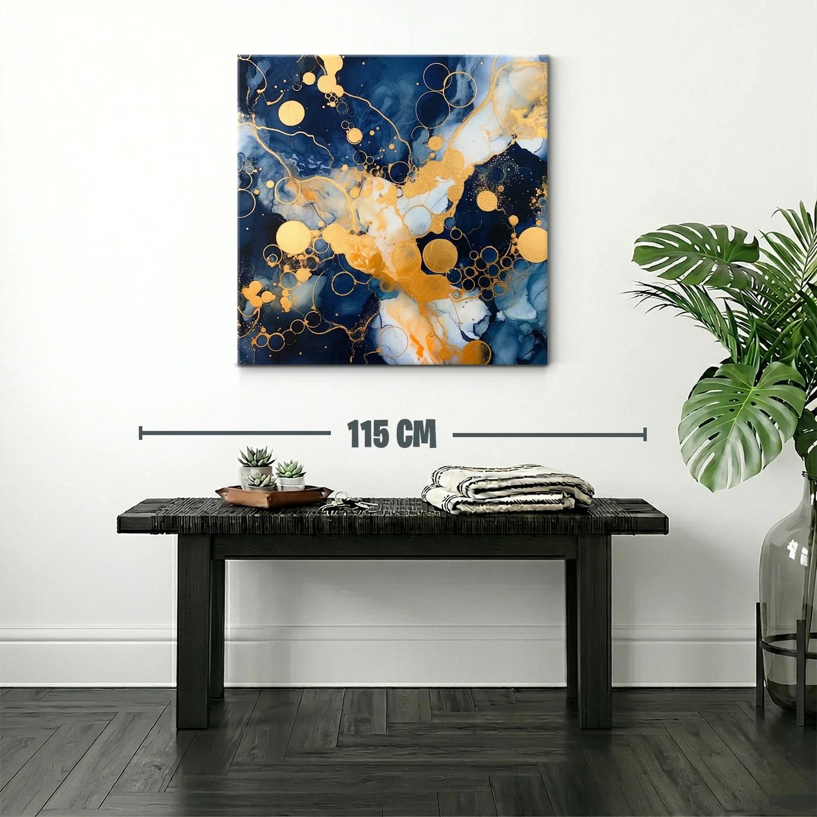 Cuadro abstracto con círculos dorados y tonos azul profundo — miniatura 2