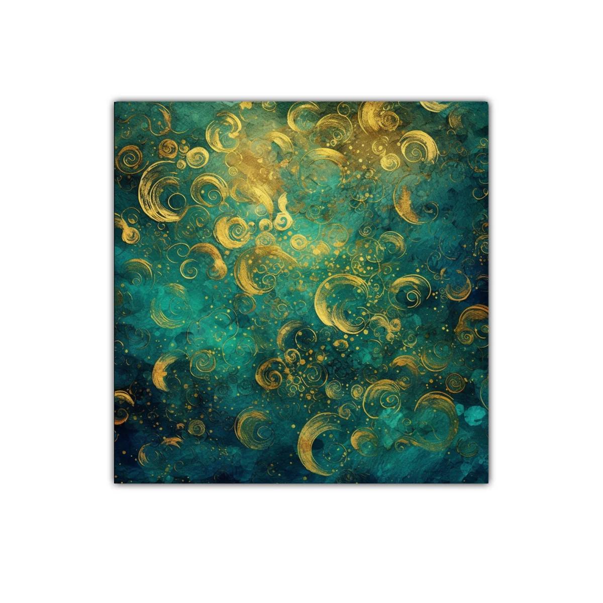 Composición abstracta con espirales doradas y fondo turquesa