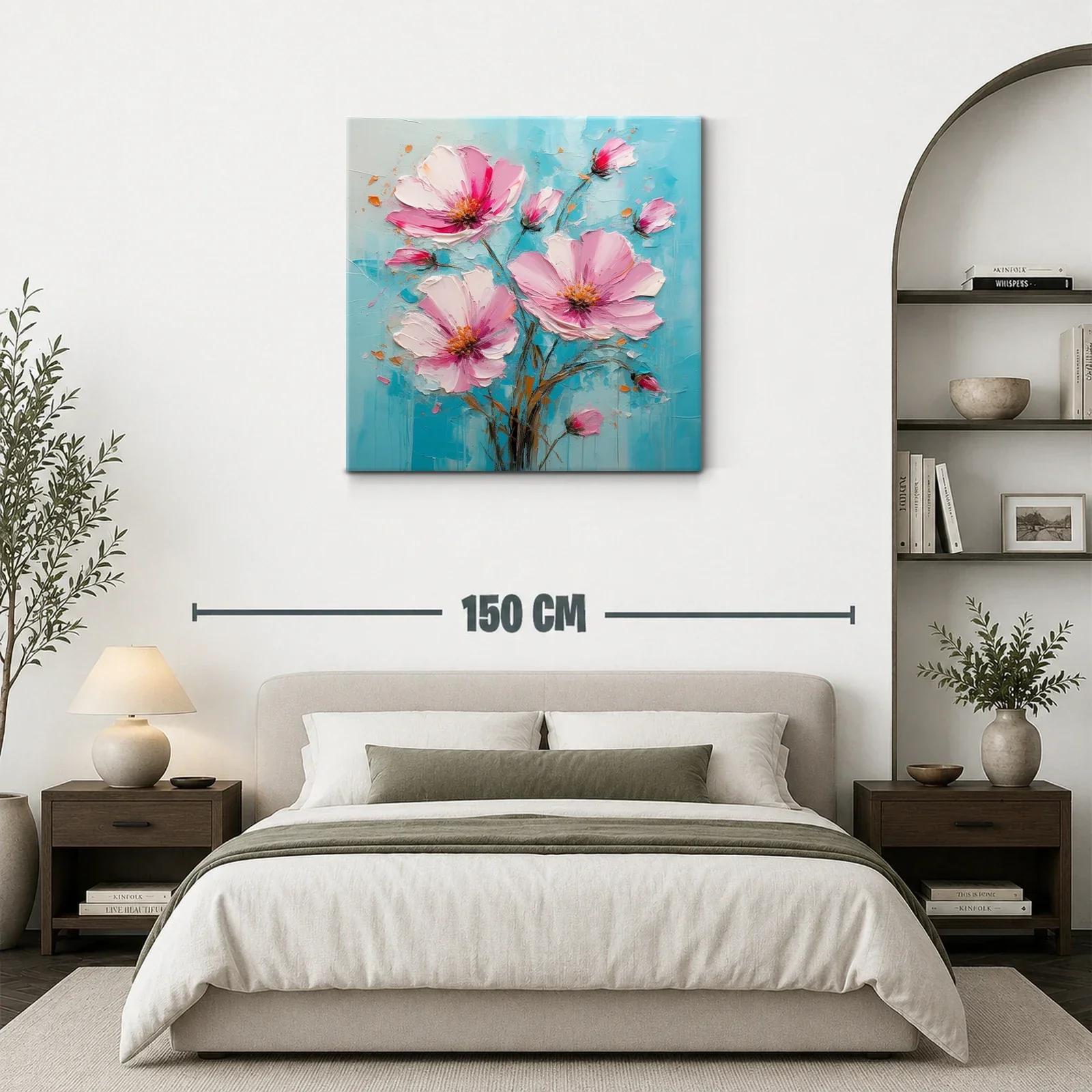 Cuadro flores rosas sobre fondo azul vibrante y texturizado — miniatura 3