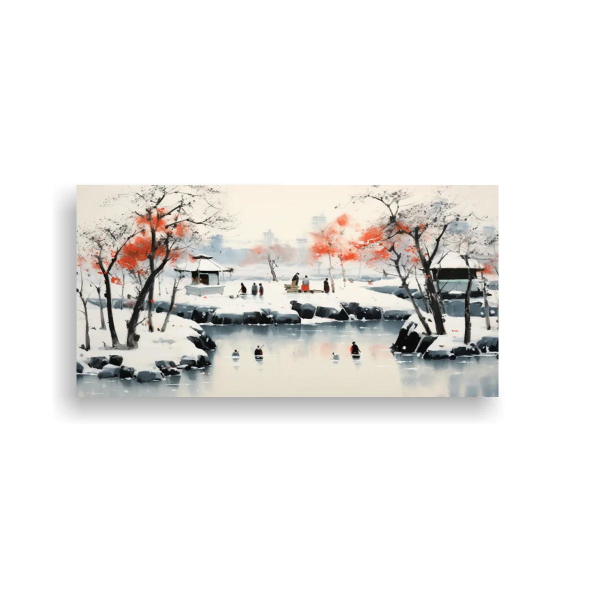 Cuadro paisaje invernal con árboles rojos y casas tradicionales — imagen principal
