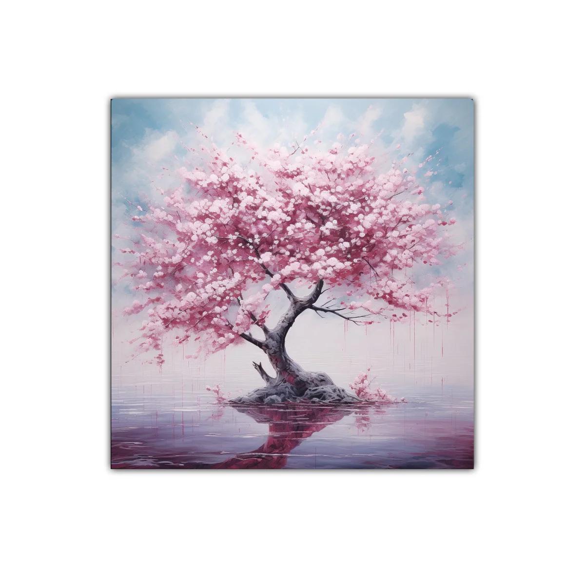 Árbol de flores rosas con reflejo en lago sereno