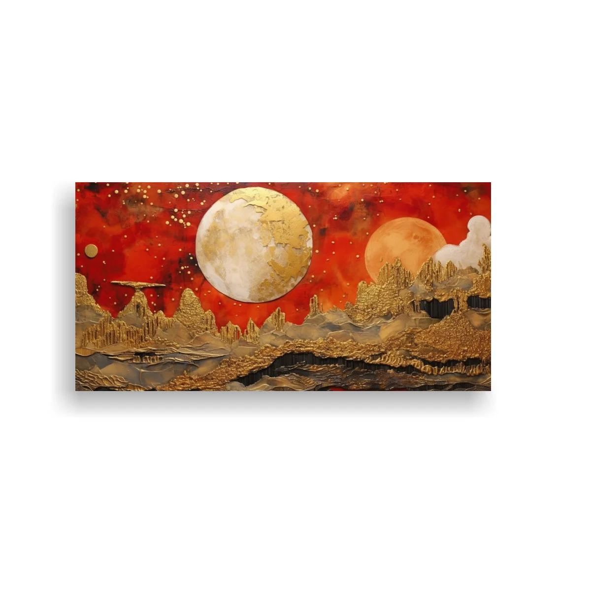 Cuadro paisaje fantástico con dos lunas y montañas doradas
