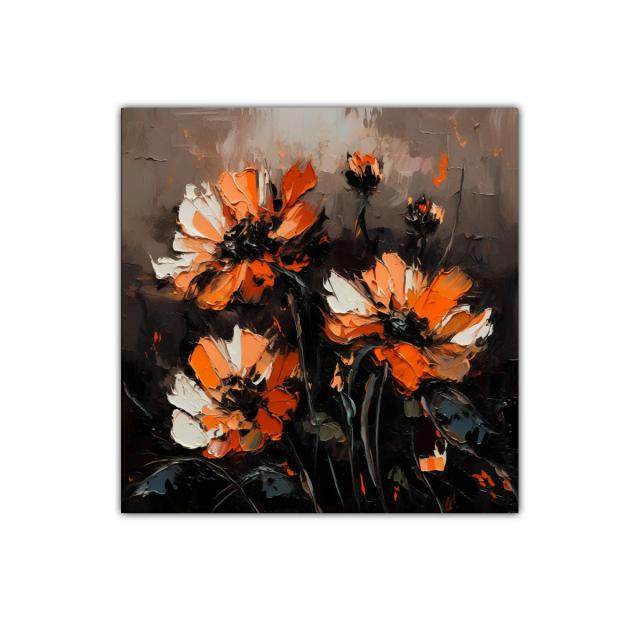 Flores vibrantes en tonos naranja y negro sobre fondo oscuro