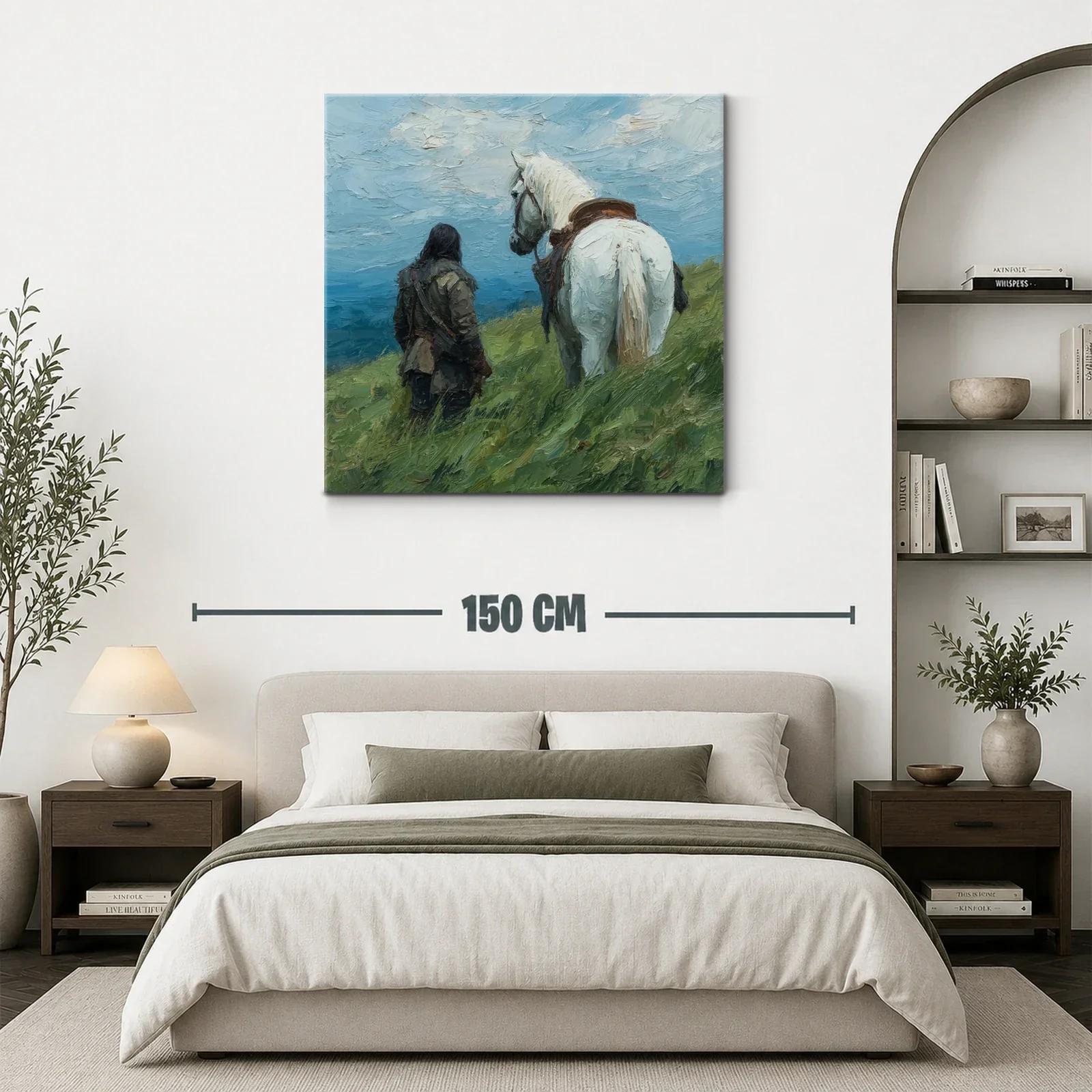 Escena Campestre con Jinete y Caballo Blanco en Paisaje Abierto — miniatura 3