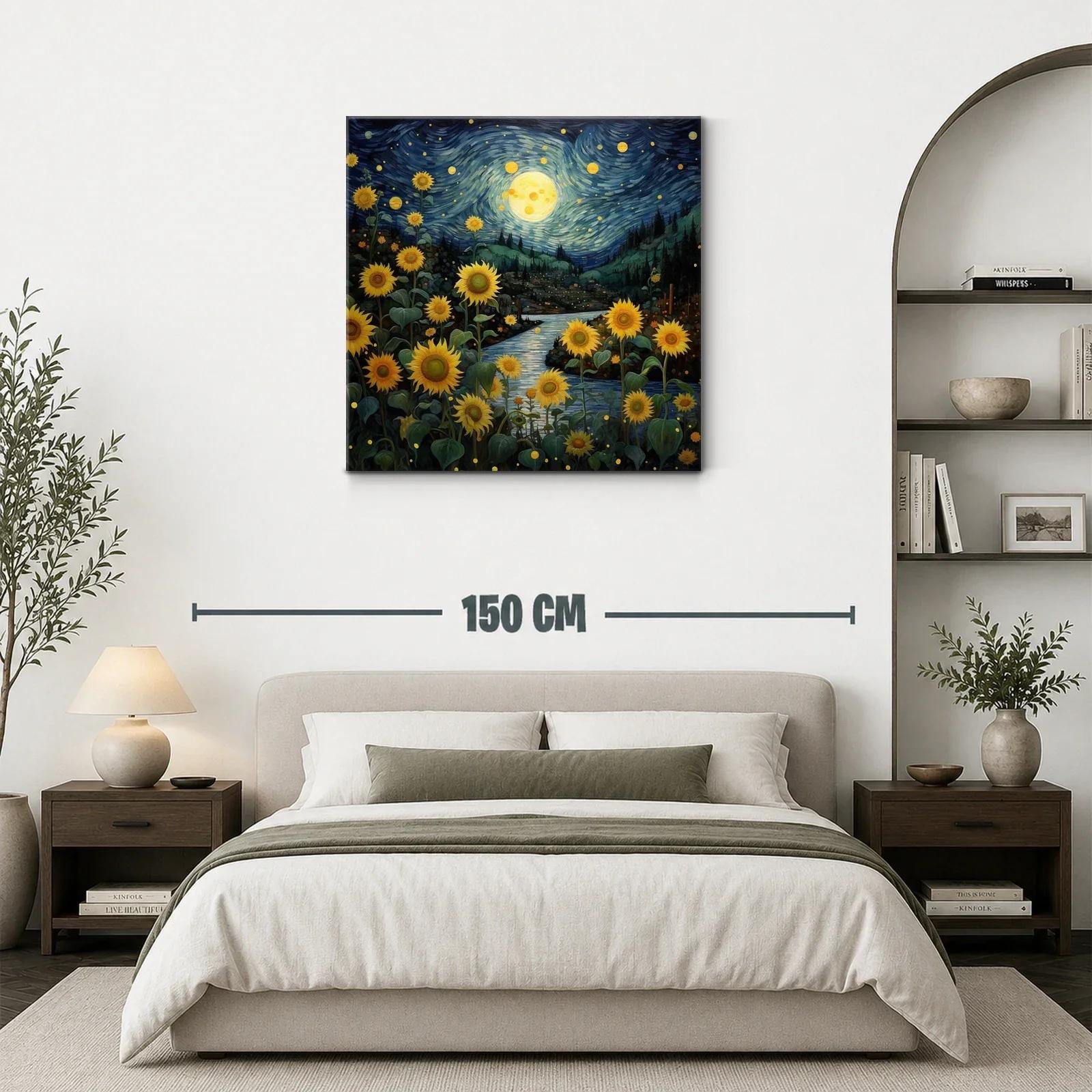 Campo de girasoles bajo un cielo estrellado y la luna llena — miniatura 3