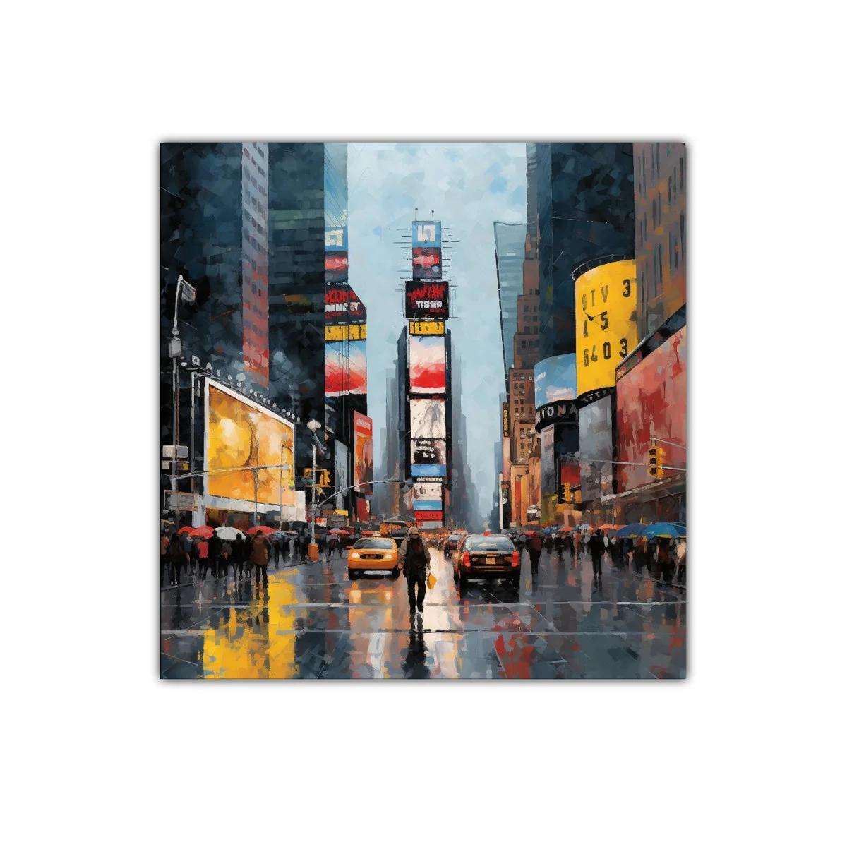 Escena urbana vibrante con reflejos de ciudad lluviosa