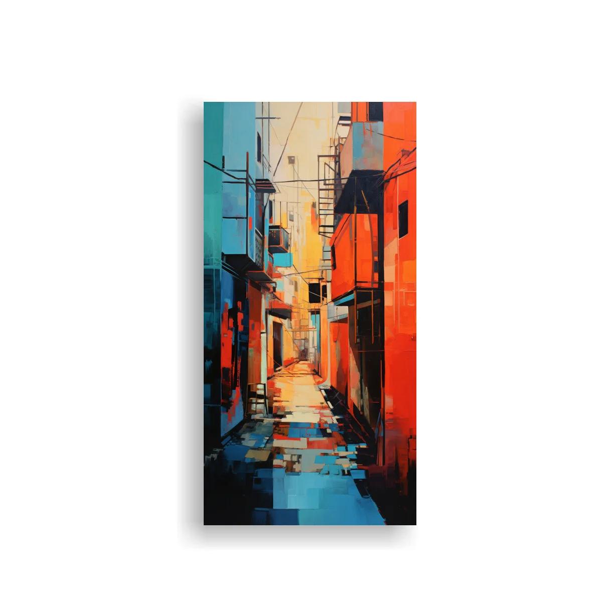 Cuadro callejón urbano turquesa y coral — imagen principal