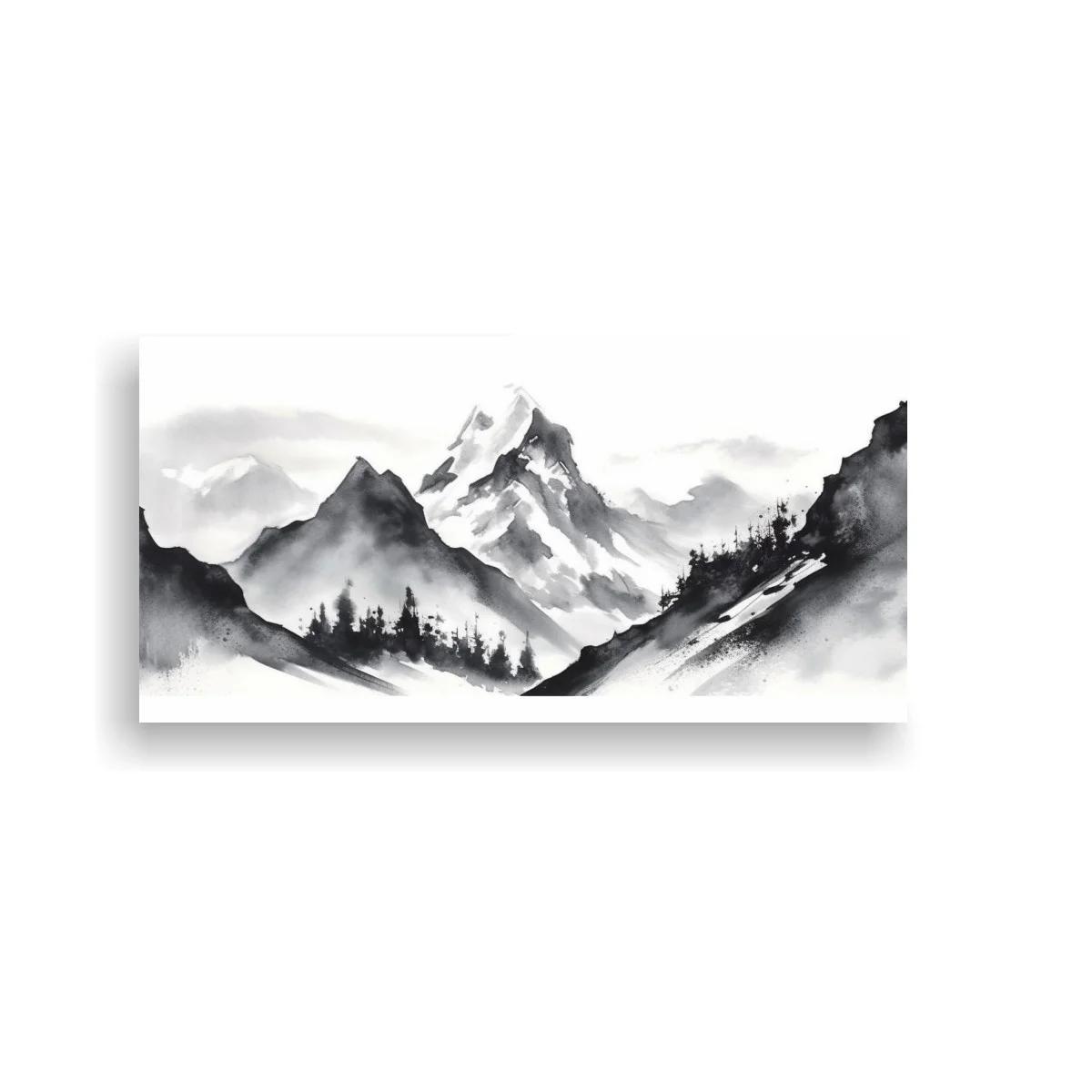 Cuadro cordillera de montañas nevadas envuelta en niebla