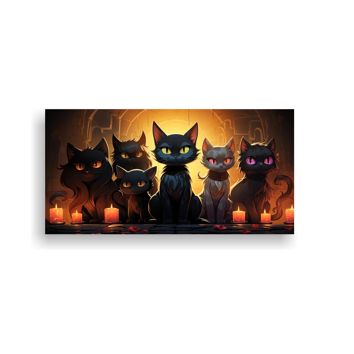 Cuadro grupo de gatos negros de ojos brillantes con velas