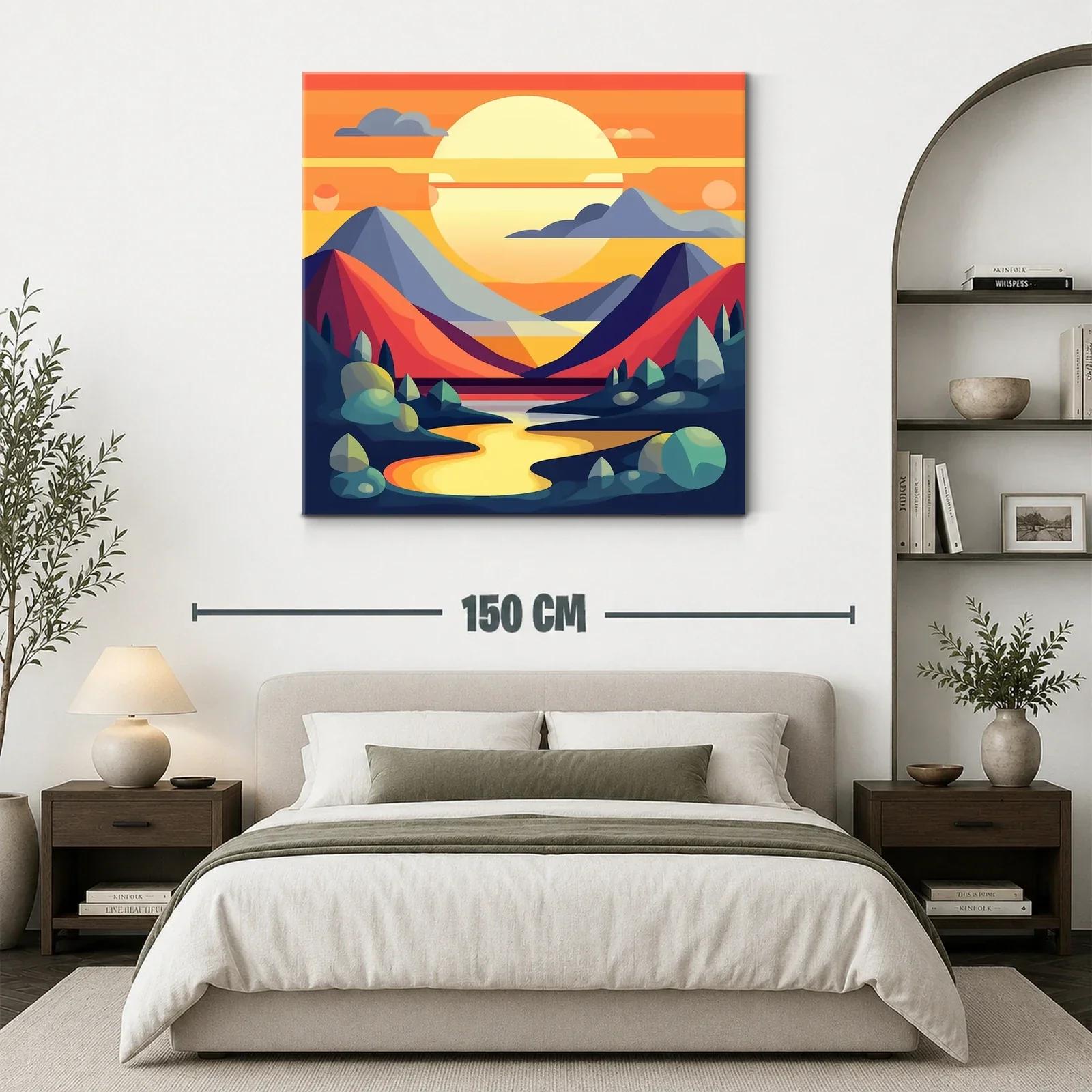 Paisaje abstracto con montañas y río al atardecer vibrante — miniatura 3