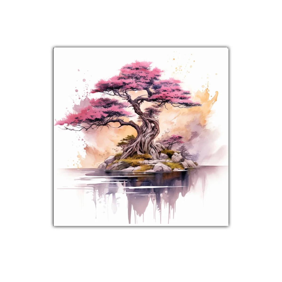 Árbol de Sakura en Isla con Reflejo y Toques Acuarelados